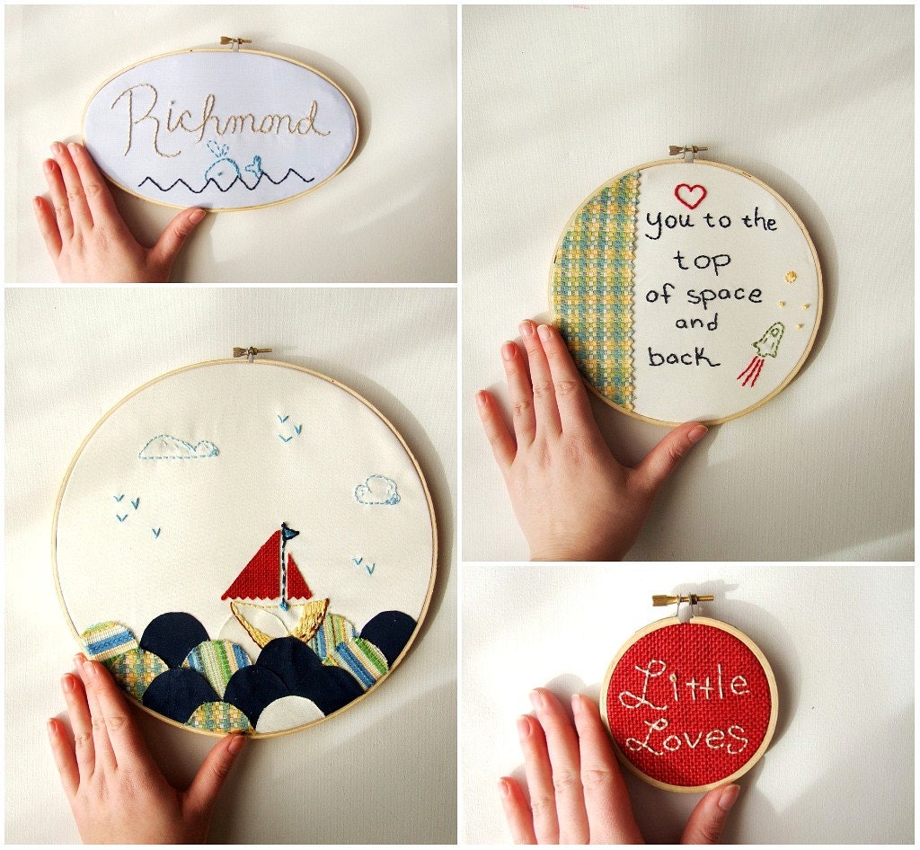 Custom Nursery Art Embroidery Hoop Set Wall Art Upcycled Fabric Design your Own One of a Kind as featured on Kid Style File
