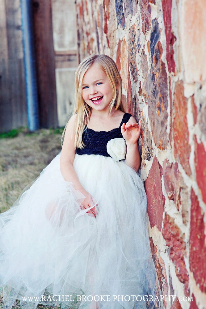Flower Girl Tutu Dress Crochet Bodice Tulle Rose Shiny Ivory and Black Special Occasion Dress Infant to Toddler Size 4