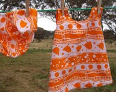 Orange reversible upcycled baby dress and bloomers size 0 sunfrock pinny jumper with polka dot lining, handmade in Australia, ready to ship,