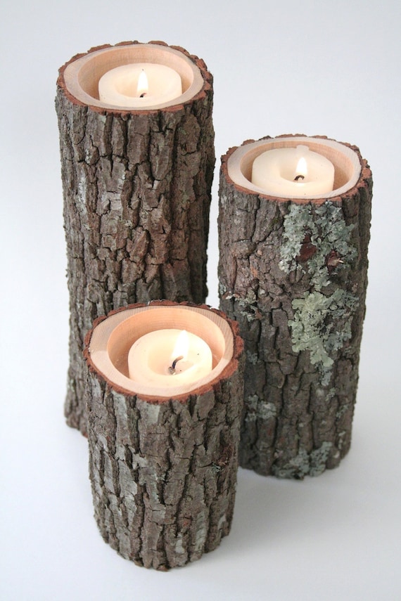 Tree Branch Candle Holders I- Rustic Wood Candle Holders, Tree Bark, Wooden Candle Holders