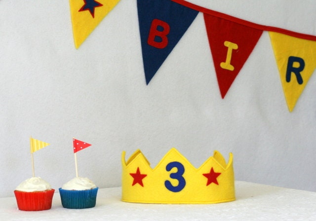 Birthday Crown, Birthday Bunting Banner Pennant Flag and 24 Cupcake Flags Toppers Star Set - Your Choice of Colors