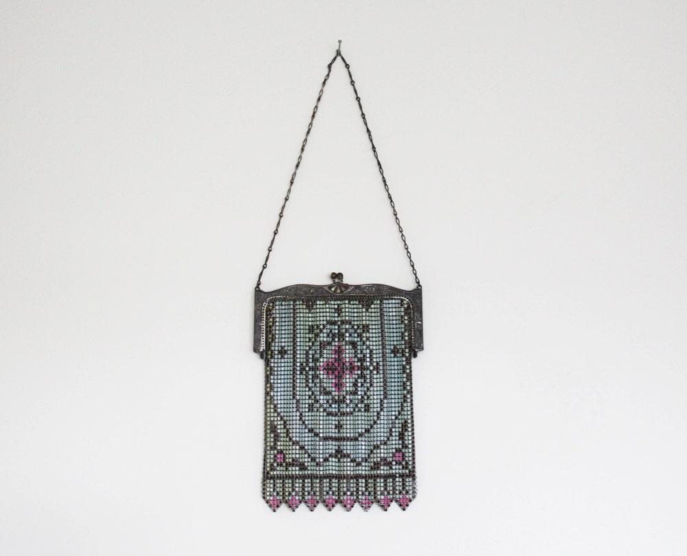 Mint Green and Pink Mesh Flapper Bag by Whiting and Davis