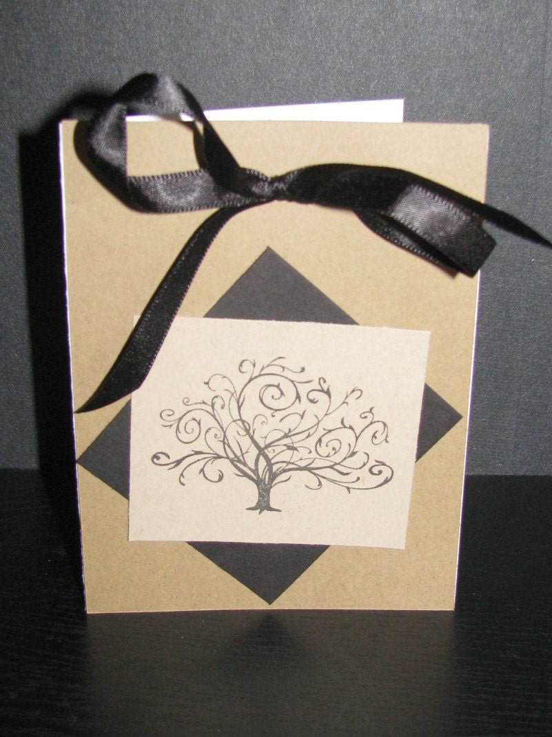 Handmade Blank Greeting Card - Whimsical Tree in Black and Brown