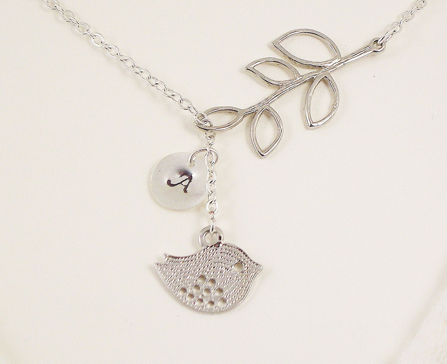 Little Sparrow in Silver & Leaf Lariat - Personalized Initial, Bridesmaid Gift, Bird Necklace, Leaf Necklace, Personalized  Necklace