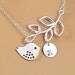 Little Sparrow in Silver & Leaf Lariat - Personalized Initial, Bridesmaid Gift, Bird Necklace, Leaf Necklace, Personalized  Necklace