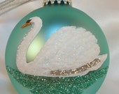 Hand Painted White Swan Glitter Glass Ball Ornament - Unique Matte Finish Aquamarine Ornament