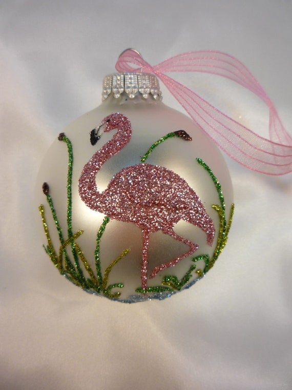 Unique Hand Crafted Pink Flamingo Bird on White Ornament - Florida Christmas Flamingo