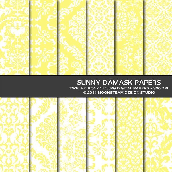 INSTANT DOWNLOAD Sunny Damask Digital Backgrounds, Light Yellow Damask Digital Papers, 8.5x11 or 12x12 or A4 Commercial Use