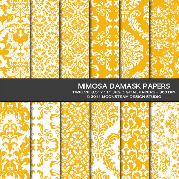 INSTANT DOWNLOAD Mimosa Damask Digital Backgrounds, Orange Damask Digital Papers, 8.5x11 12x12 A4 Commercial Use