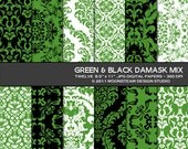 INSTANT DOWNLOAD Green Black Damask Digital Backgrounds, Green and Black Damask Digital Papers, 8.5x11 or 12x12 or A4 Commercial Use