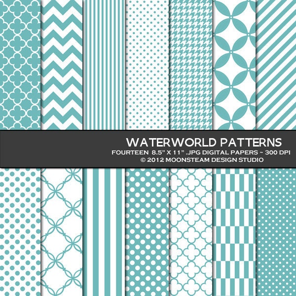 INSTANT DOWNLOAD Light Teal Digital Scrapbook Paper, Waterworld Patterned Digital Backgrounds, 8.5x11 or 12x12 or A4 Commercial Use