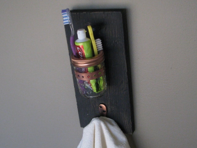 Handmade wall toothbrush holder or vase with key hook distressed black
