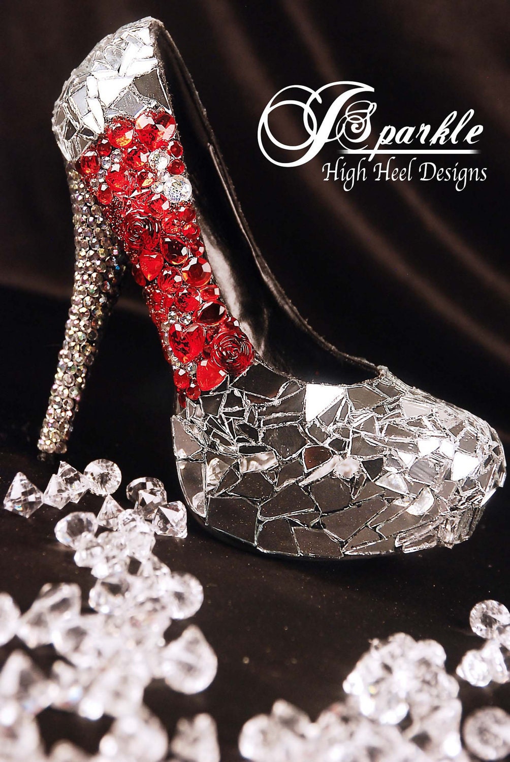 Be Wed Mirror Glass Custom High Heel Pumps with Swarovski Crystals and RED fire gems