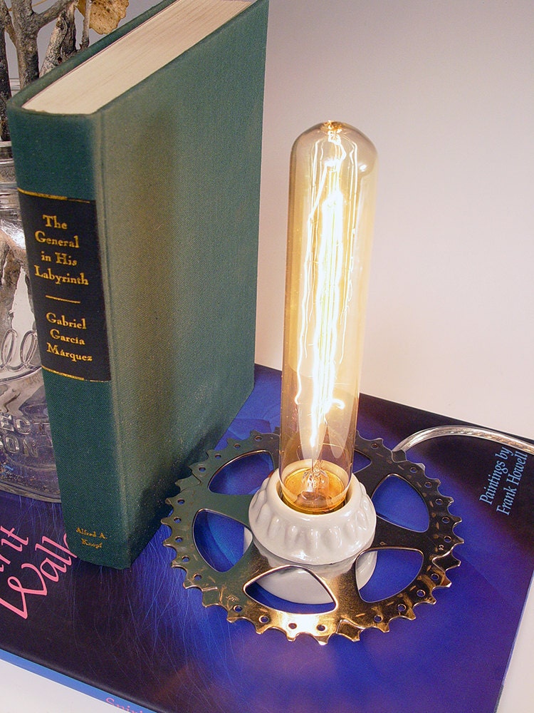 50% OFF SALE ... Retro bike gear table lamp. Steam Punk inspired lighting with precision gear, industrial ceramic socket and Edison bulb. 59