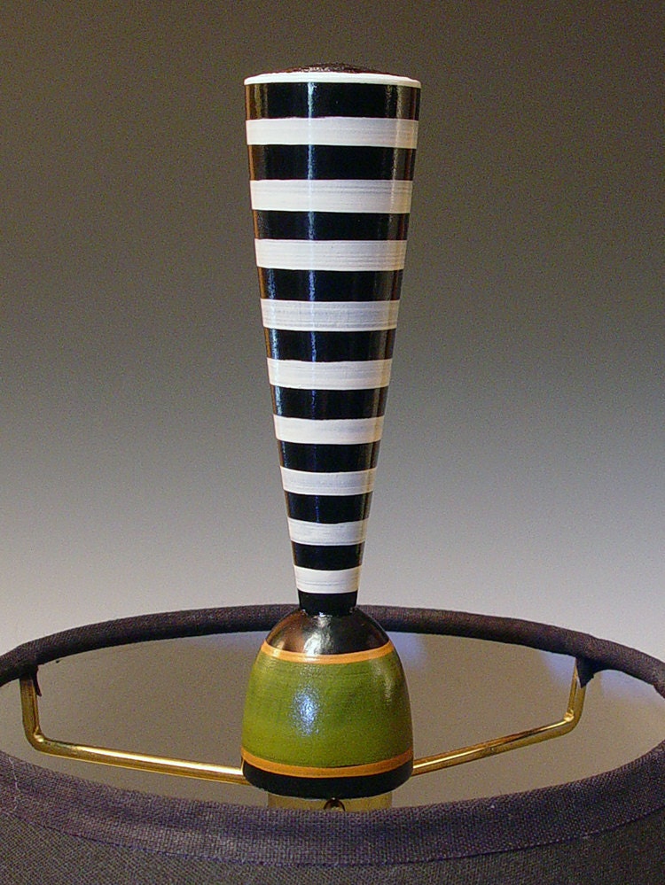 Handmade lamp. Table lamp. Desk Lamp.  Hand painted with green and black stripes. Black and white finial. Wonderfully whimsical. 72
