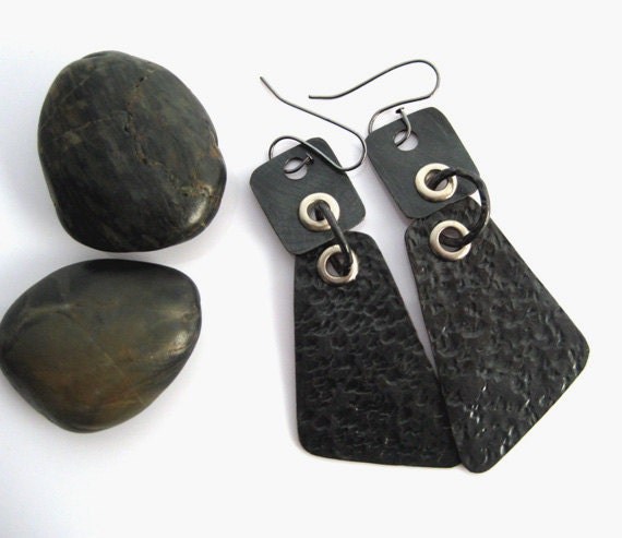 Stylish Metal Earrings. Copper, black, long, hammered, oxidized by Brand Faina.
