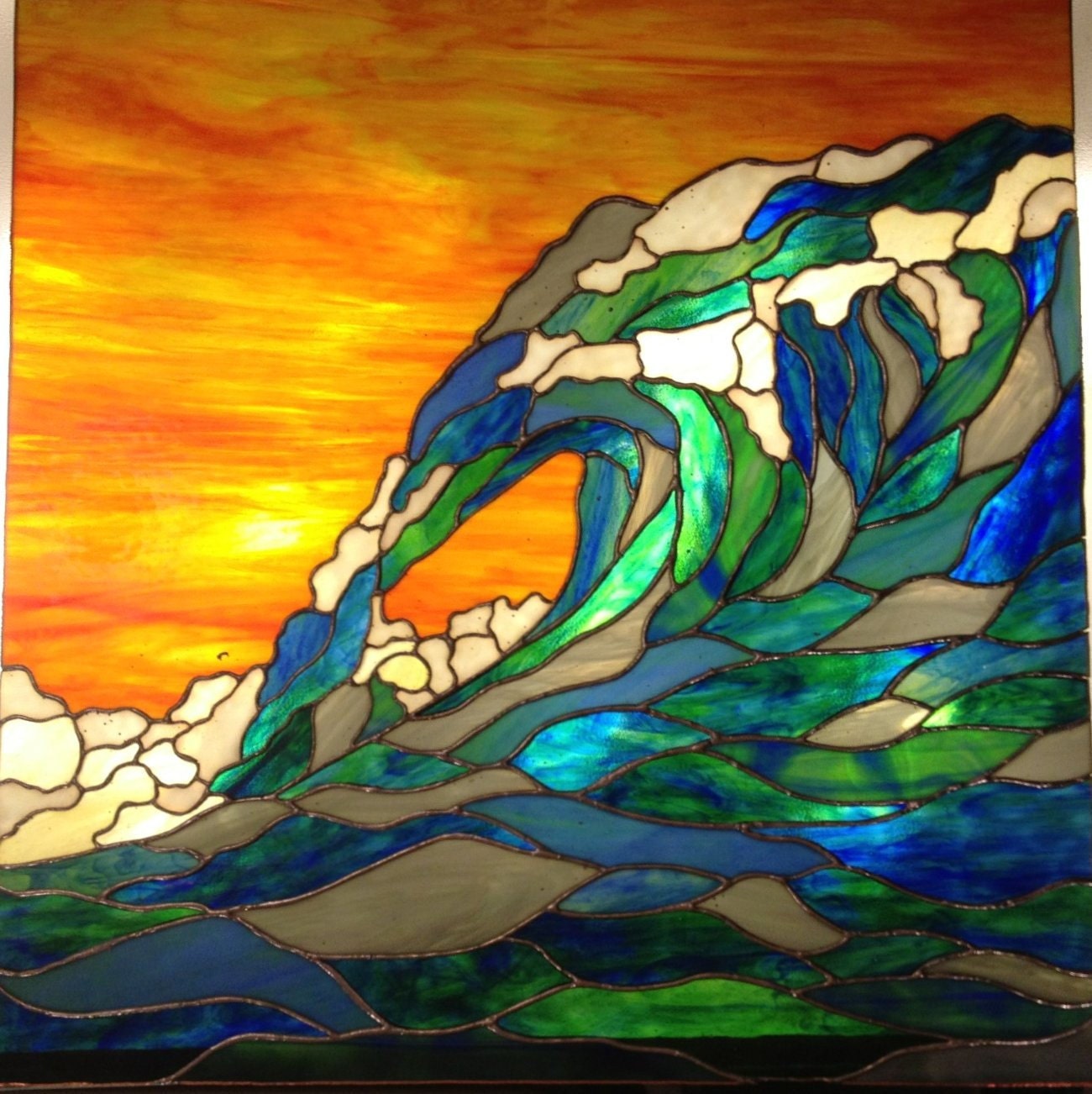 Magnificent Wave at Sunset Stained Glass Panel