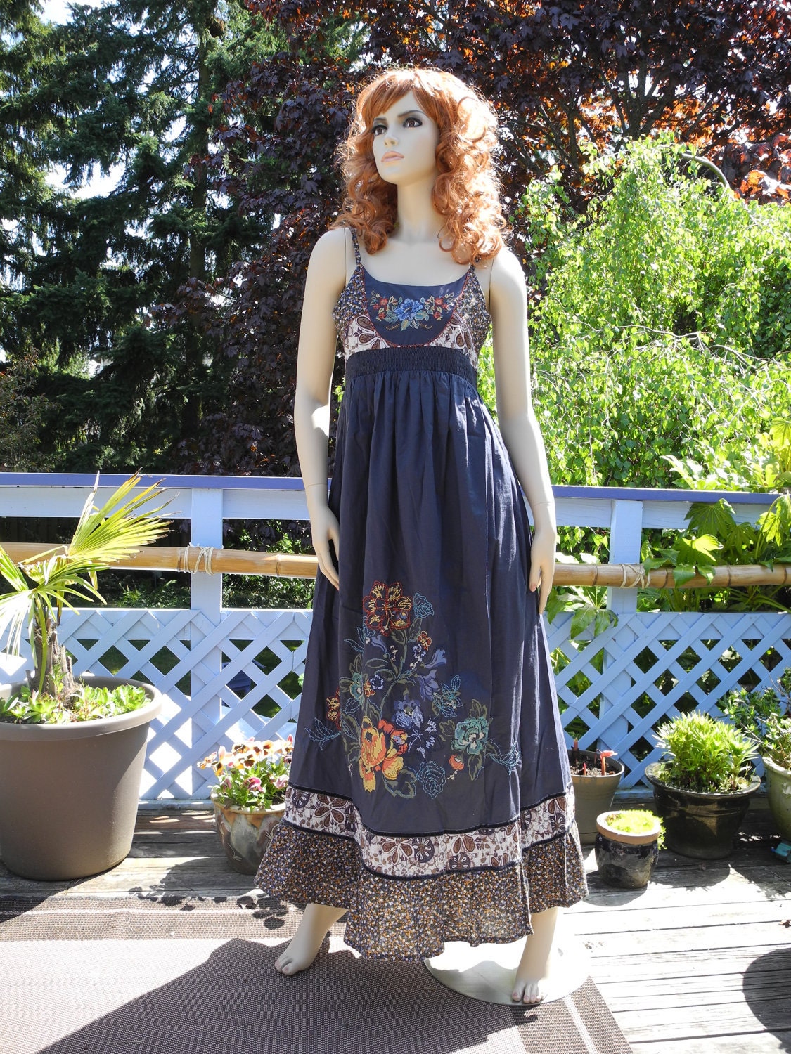Denim Blue Calico Prairie Dress with embroidered flowers