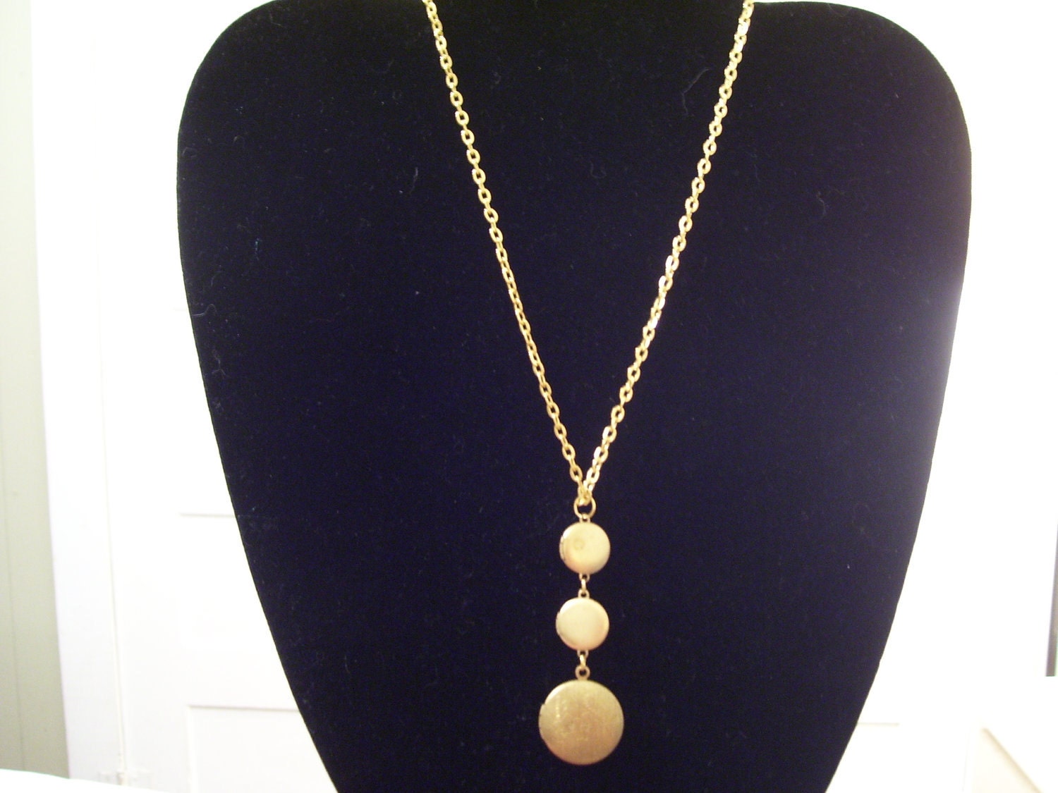 Vintage Brass Triple Locket Necklace Locket Trio Gold Plated Chain