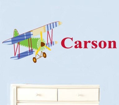 Kids childrens vinyl wall decal Vintage AirPlane swith boys name Great for nursery