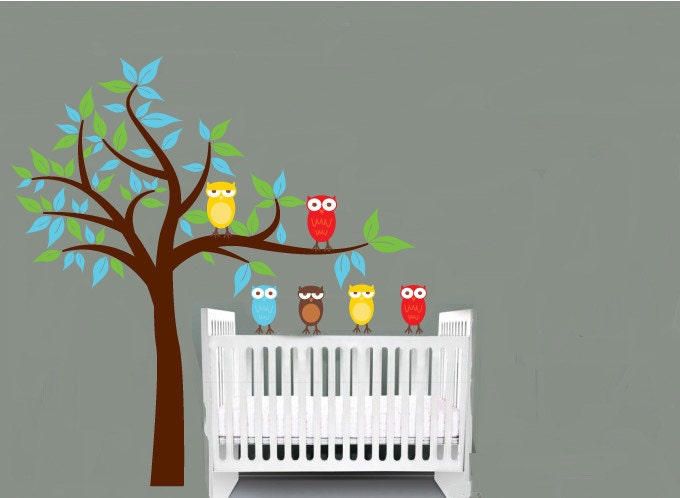 Kids Tree with 2 owls and set of 4 FREE owls Also get childs name with owls  vinyl wall decal