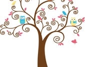 Cute Kids tree with 5 owls and birds vinyl wall decal cute for a nursery or childs room