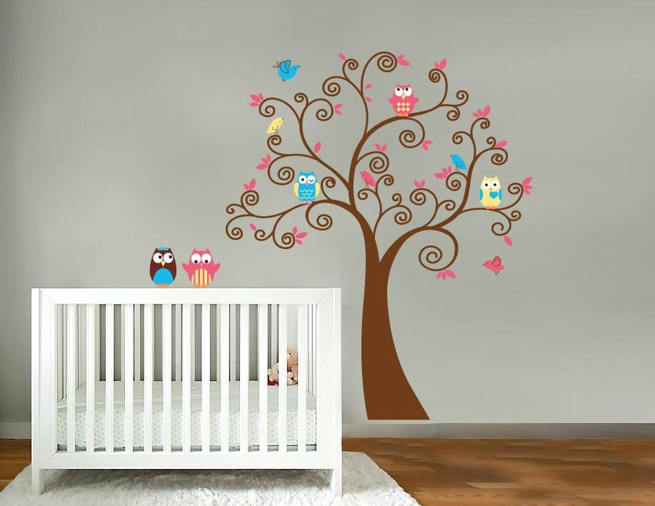 Cute Kids tree with 5 owls and birds vinyl wall decal cute for a nursery or childs room