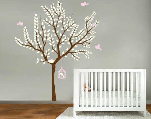 Cute Nursery tree with bird nest and bird cage with birds vinyl wall decal set