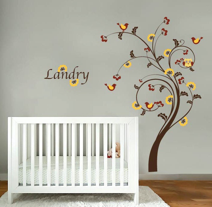 Kids swirl tree vinyl wall decal with birds flowers and Childs name letters cute for any nursery