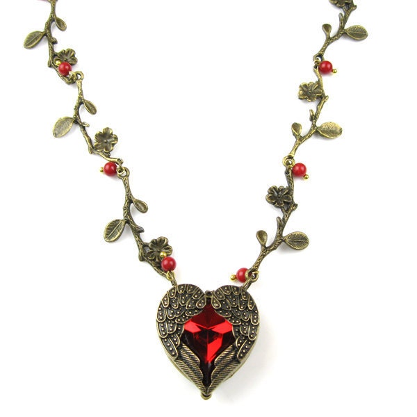 antiqued vintage bronze leaf leaves trunk branch tree quartz heart red coral beaded beadwork necklace pendant  handmade jewelry - springhandmadeshop