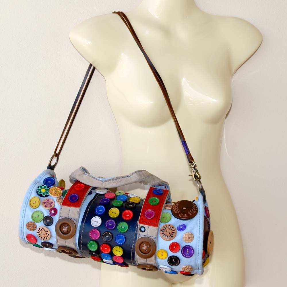 Blue handbag, canvas and leather handbag, customized round duffel, Buttons - ONE OF A KIND