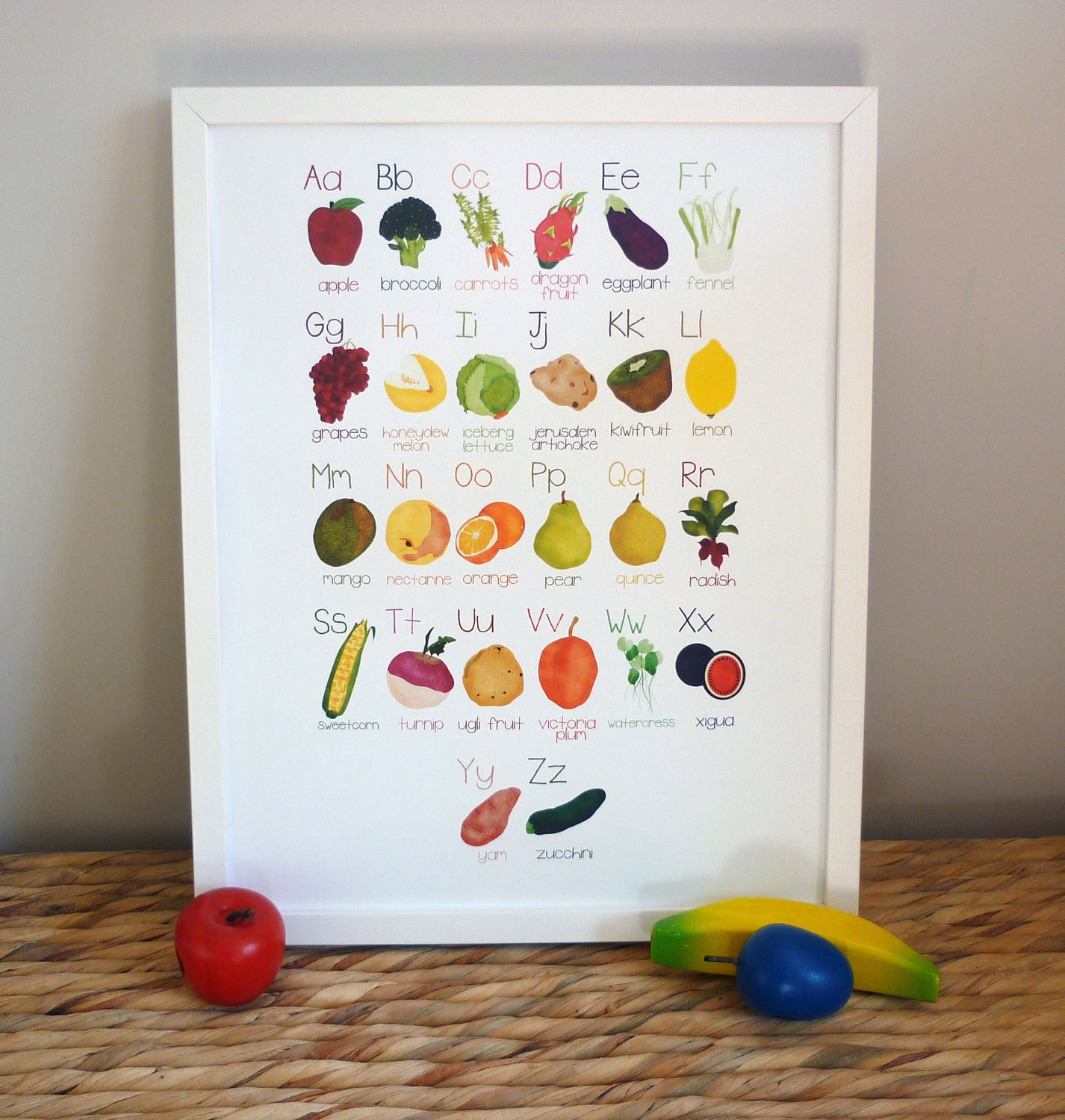 Alphabet Poster: A-Z Fruit and Vegetable Illustration Print