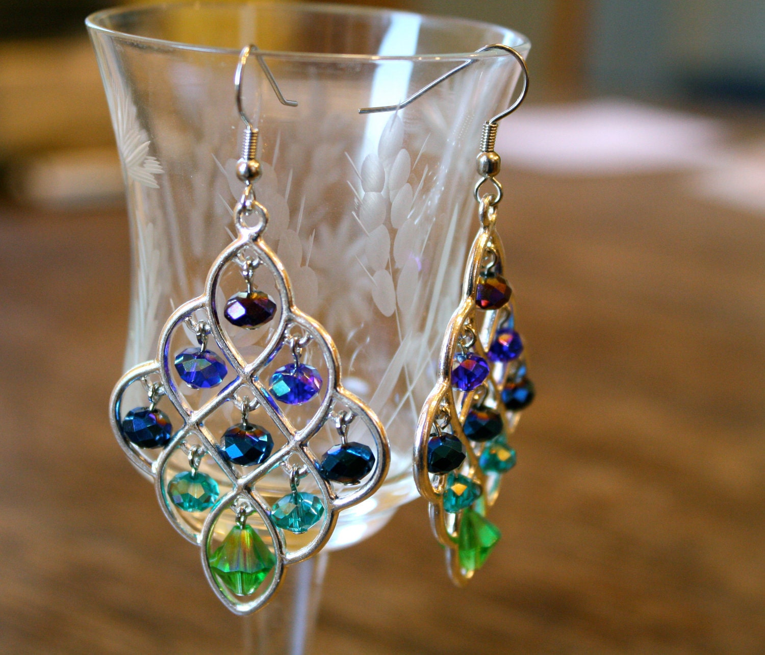 Crystal Chandelier Earrings - purple, blue, and green, Peacock Ombre
