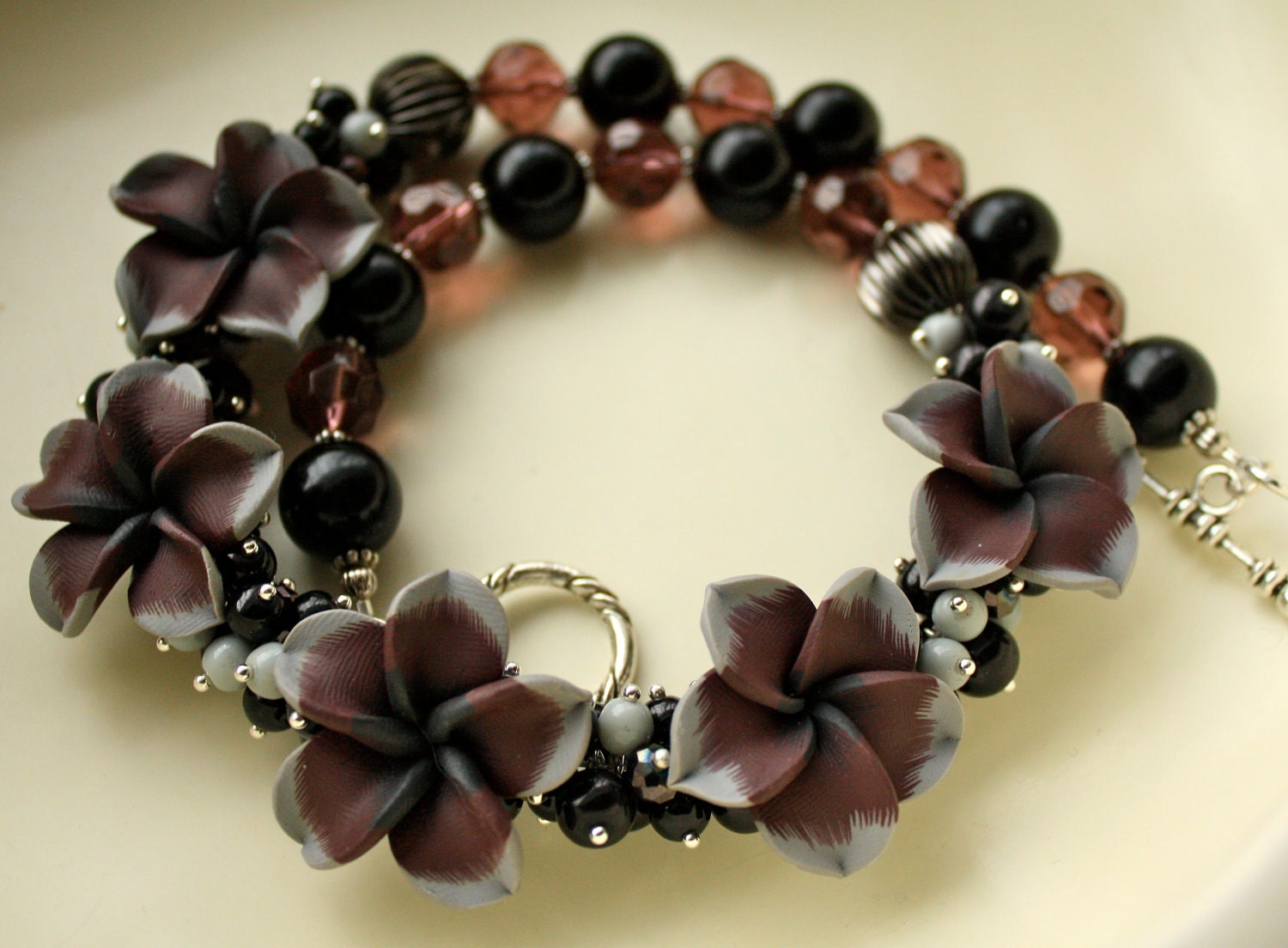 Flower Necklace - Burgundy, Gray, Black, Earrings Included