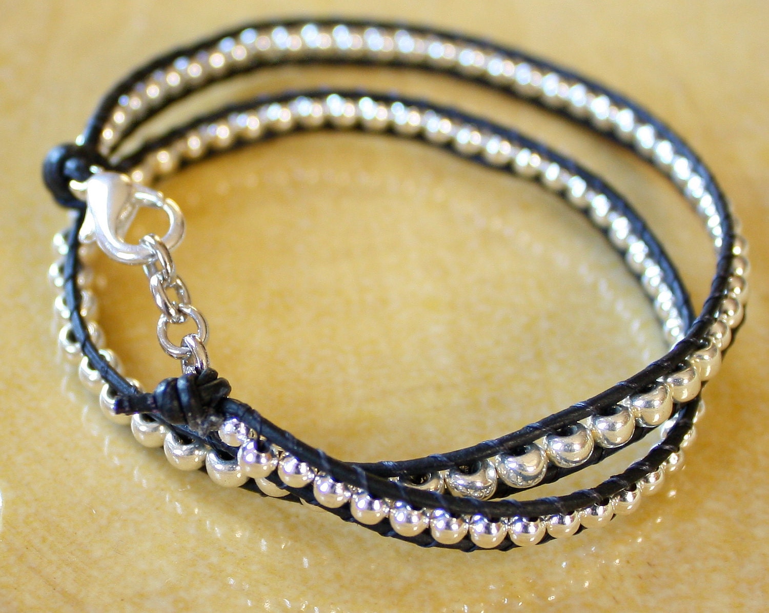 Beaded Woven Bracelet - Silver and Black, Adjustable, Double Wrap