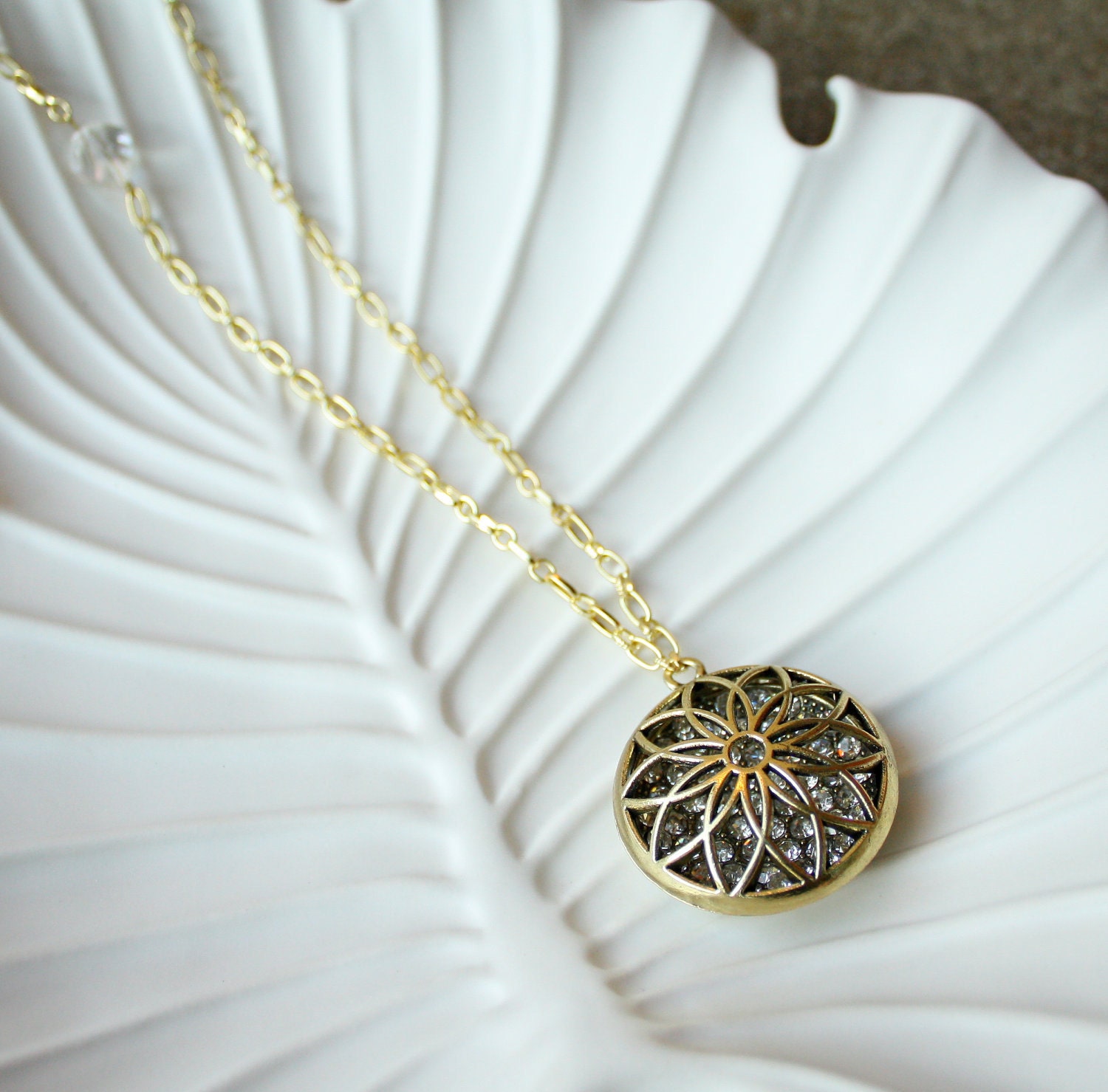 Crystal Flower Necklace - Gold Tone Long Chain