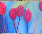 Spring Decor Tulips--Abstract Painting Acrylic Diptych 28" x 44"--Red, Pink, Purple, Blue, Turquoise, Green