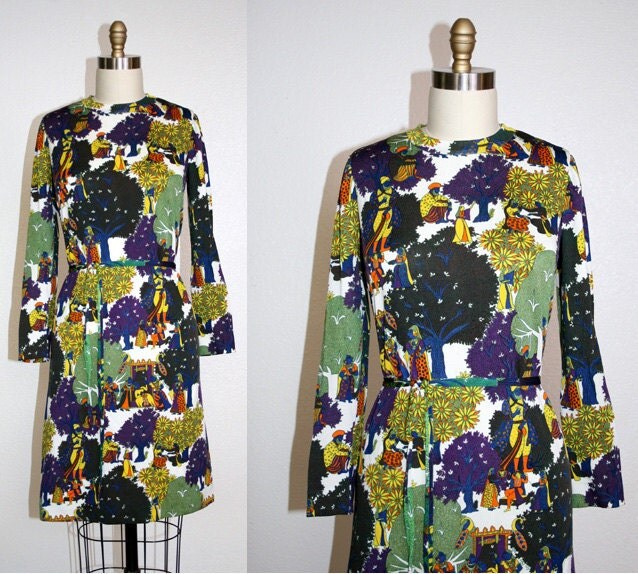 Vintage 60s Long Sleeve Boho Frock // Dress // with Matching Belt // Italian Designer Dress // Made in Italy