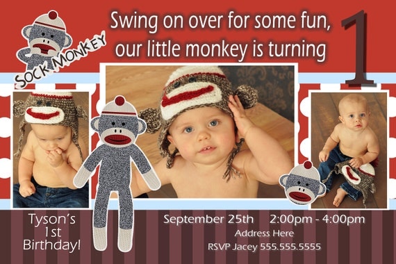 Sock Monkey Invitation Boy - Sock Monkey Invite - 1st Birthday Party Invite - Sock Monkey Birthday  - Sock Monkey Party