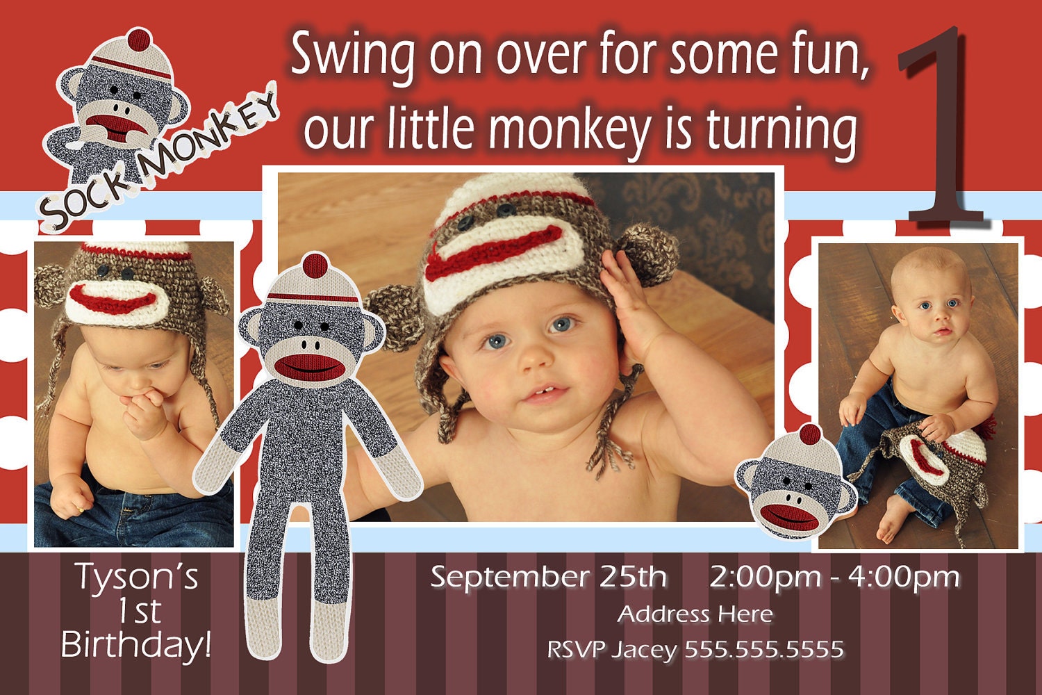 Sock Monkey Invitation Boy - Sock Monkey Invite - 1st Birthday Party Invite - Sock Monkey Birthday  - Sock Monkey Party