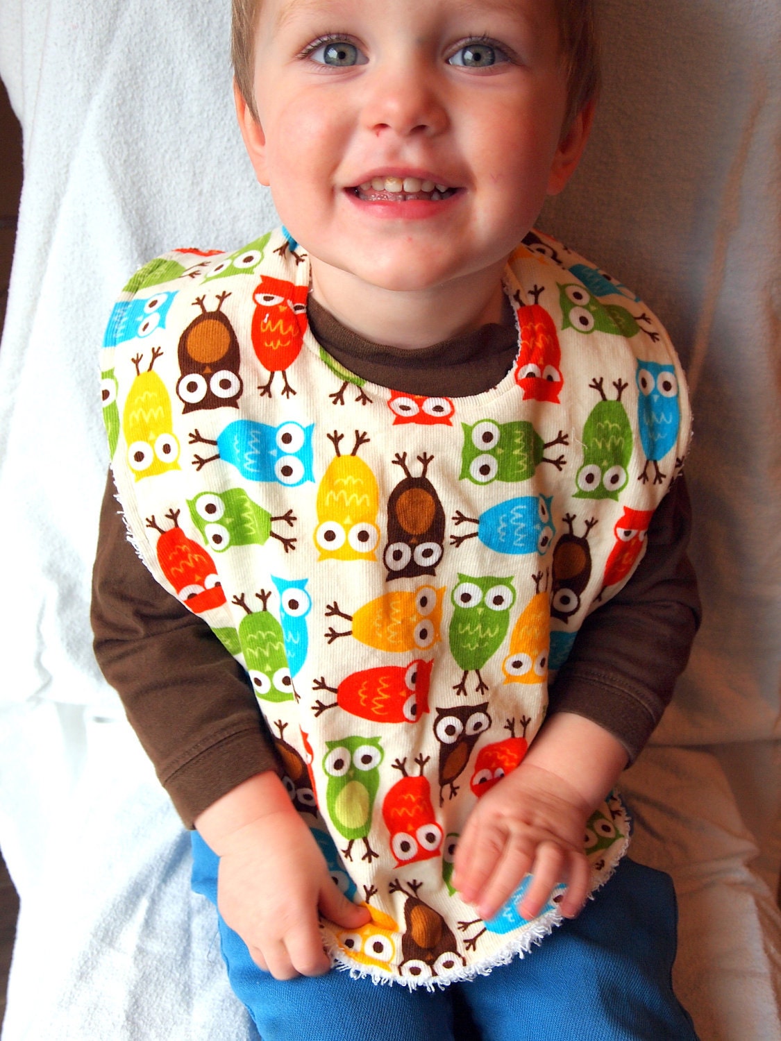 Baby bib toddler owl Corderoy terry cloth snap bright anne kelle