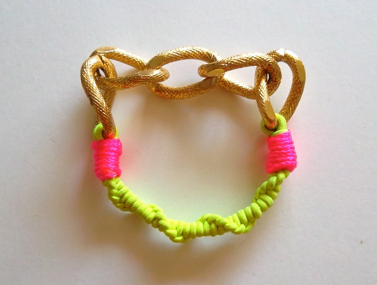 Friendship Bracelet with Neon Yellow Elastic, Hot Pink Rope and Chunky Bling Gold Chain