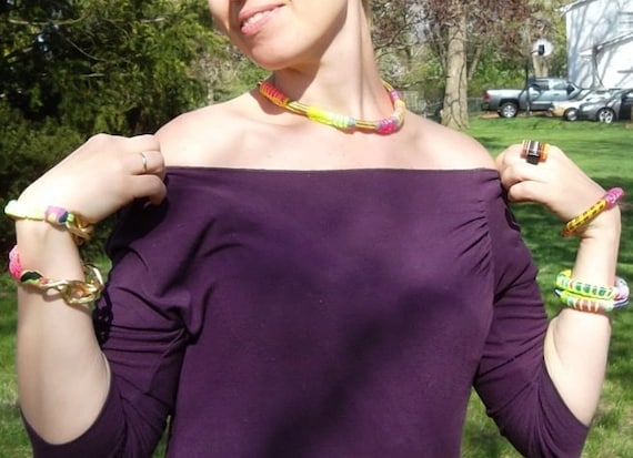 Sample Sale: Tribal Bungee Cord Collar with Neon Yellow and Hot Pink Rope and Gold plated Clasp