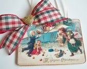 Victorian Christmas Tree Ornament Holiday Ornament Vintage Postcard Handmade OOAK "Children Collecting Gifts from Santa"