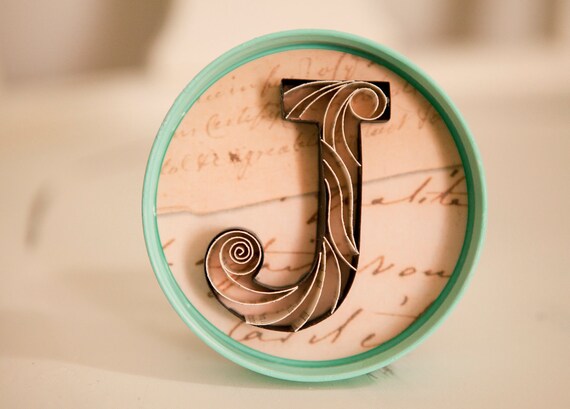 Quilled Monogram Letter J, Turquoise Mason Jar Lid
