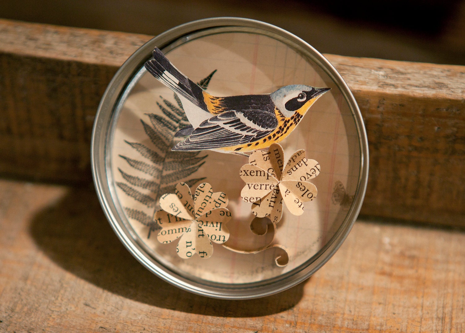 Paper Art Mini Quilled Flowers with Bird, Canning Jar Lid Silver