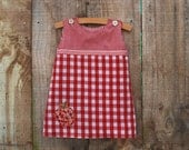 Girl's A-line Dress in Red and White Gingham and Stripes with Apple Applique - Size 2T