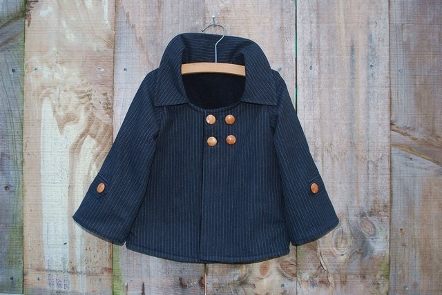 Boy's Winter Jacket Coat in Charcoal Grey and White Pinstripe with wooden buttons - Size 12m-5T