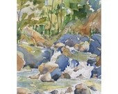 Love Flows Like a Mountain Stream - original painting of shady colorful creek watercolor
