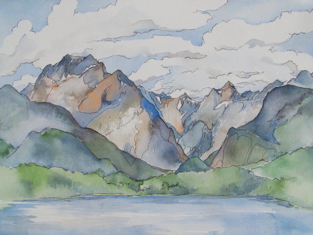 The Land of the Perpendicular - watercolor landscape of rugged New Zealand mountains in blue and rusts
